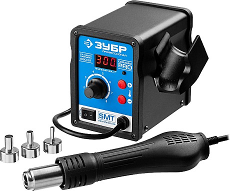 ЗУБР ПСТ-650 термовоздушная паяльная станция цифровая, 100-500°C, шаг 1°C, 120 л/мин, 650 Вт, 3 наса