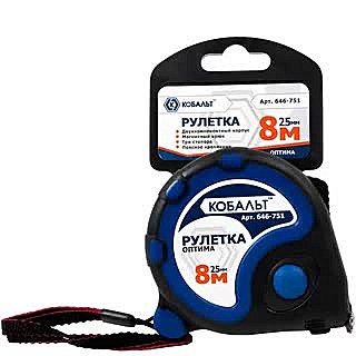 Рулетка КОБАЛЬТ Оптима 8м x 25мм тройной стопор, магн крючок покрытие толщ 0,11мм, 646-751