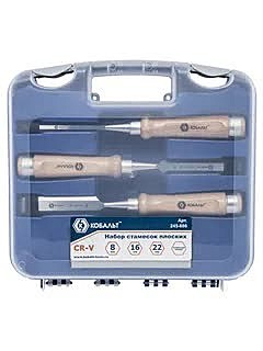 Набор стамесок КОБАЛЬТ 245-886 плоских: 8/16/22х140мм CR-V дер.рукоятка точильн. камень 3 шт. кейс