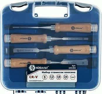 Набор стамесок КОБАЛЬТ 245-893 плоских: 6. 12. 18. 24 х 140 мм. CR-V. деревянная рукоятка
