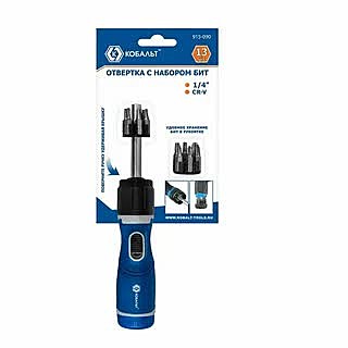 Отвертка реверсивная КОБАЛЬТ с набором бит 12 шт., CR-V, 2 рабочих положения отвёртки (915-090)