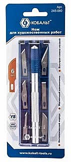 Нож для художественных работ КОБАЛЬТ перовые лезвия 6 шт, металлический корпус, кейс, 245-060