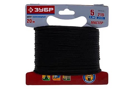 Шнур ЗУБР полиамидный, плетеный, повышенной нагрузки, без сердечника, черный, d 5, 20м